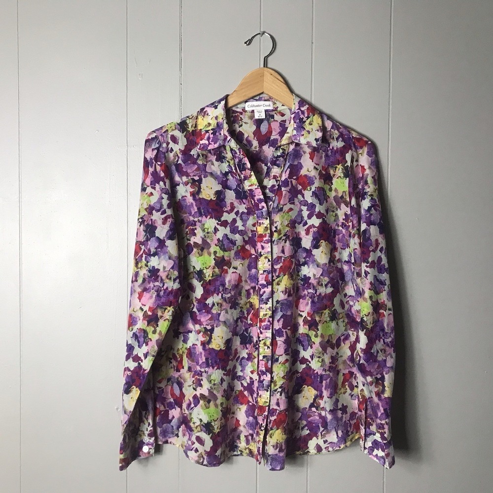 COLDWATER CREEK PAINTBRUSH FLORAL RUFFLE BUTTON DOWN SILK BLEND WOMENS MEDIUM